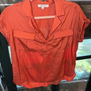 Rose & Olive Coral-Orange Short Sleeve V-Neck Utility Blouse